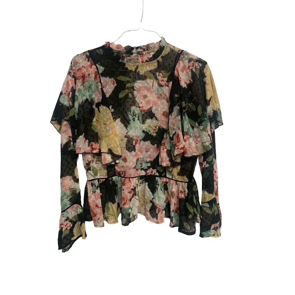 Sheer Floral Ruffle Blouse | Cottagecore Fairy Vintage Style Top, size Large